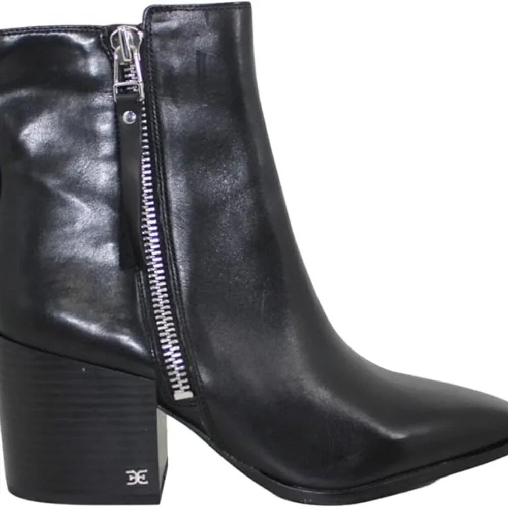 Sam Edelman Carlysle Black Leather Block Heel Silver Zipper Ankle Boots BRANDNEW